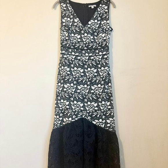 New York & Company Dresses & Skirts - Eva Mendes NY&Co Black White Lace Trumpet Mermaid Midi Dress Drop Waist XS